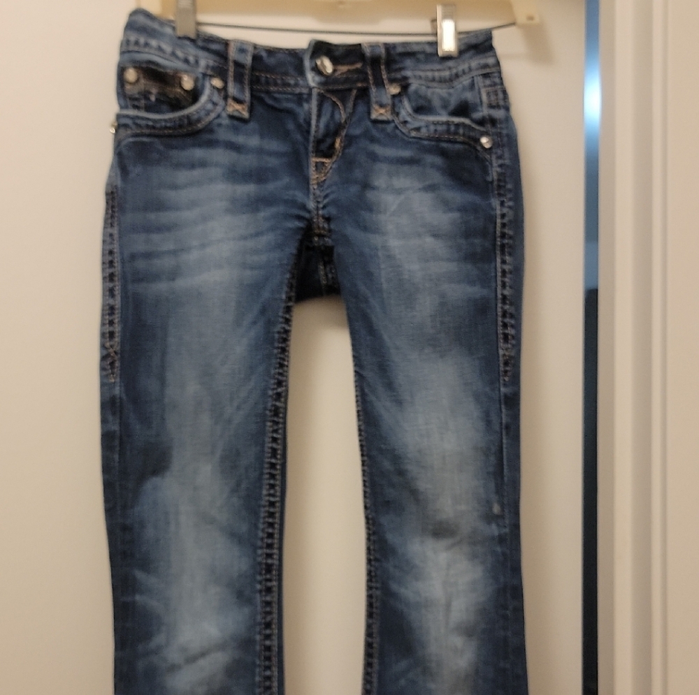 Rock Revival Flare Jeans in Distressed Blue